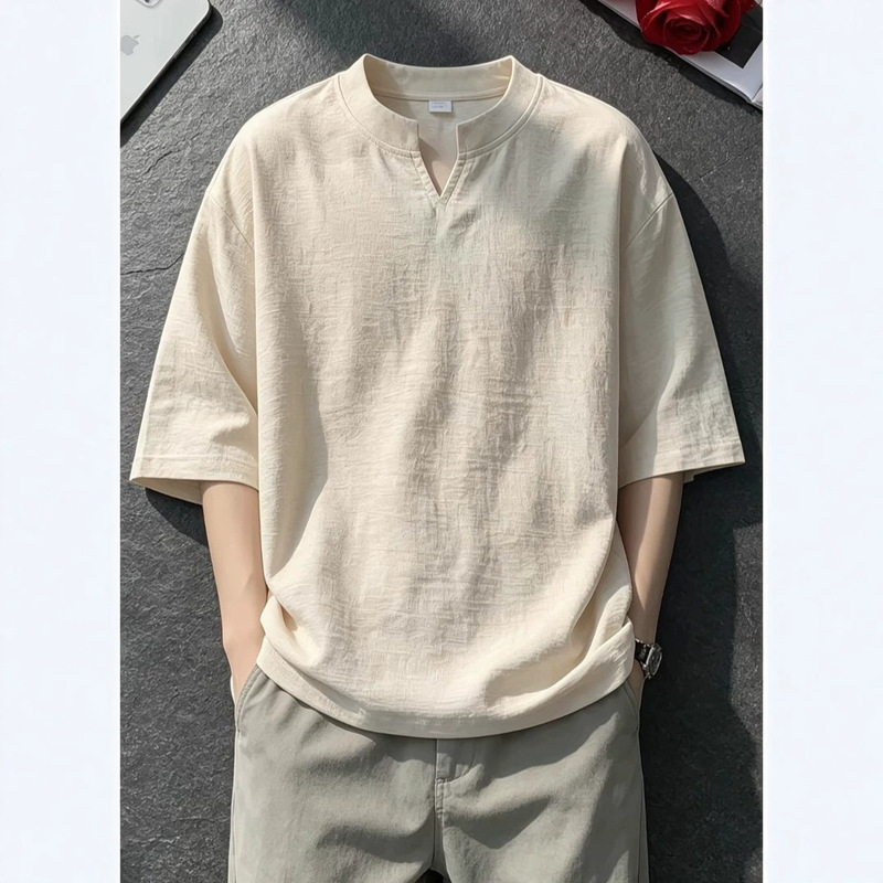 Solid color V-neck linen short-sleeve men's summer thin breathable half-sleeve top 2026 new trendy cotton-linen casual T-shirt