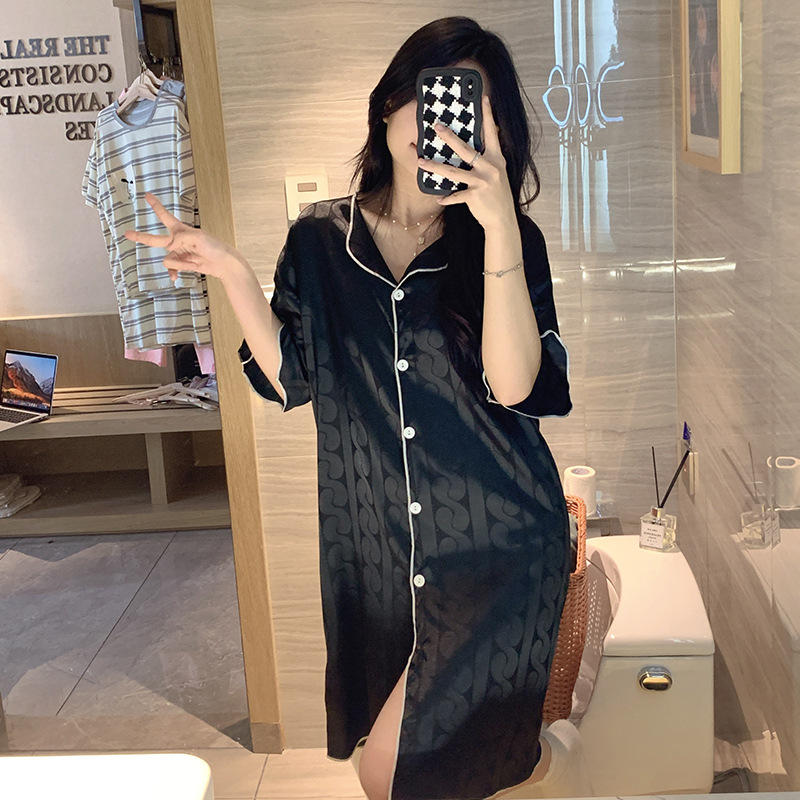 2023 camisón de seda de hielo Jacquard de verano de las mujeres de manga corta delgada cardigan casual simple solapa de seda ropa para el hogar vestido