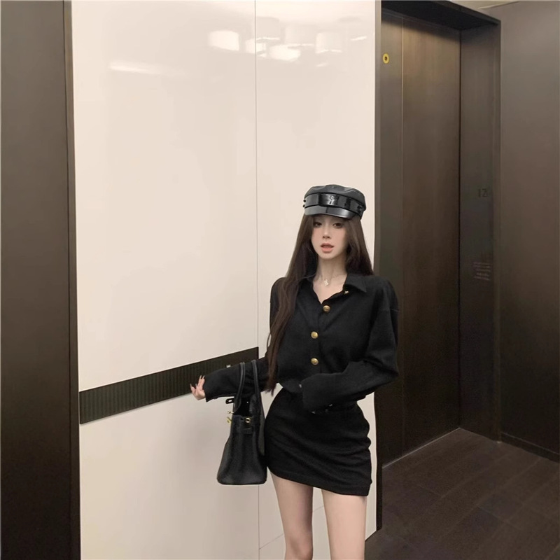 Black Spice Girl Pure Desire POLO Collar Hip Shirt Dress Suede One-piece Tight Waist Slim dress
