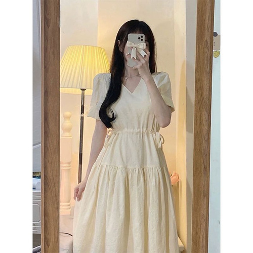 French-style first love sweet dress for women vintage V-neck cinched waist slimming gentle style super fairy forest-themed chic summer dress