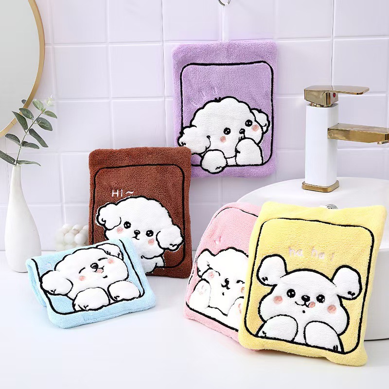 方块小狗厨房挂式擦手巾吸水速干加厚儿童珊瑚绒柔软可爱毛巾