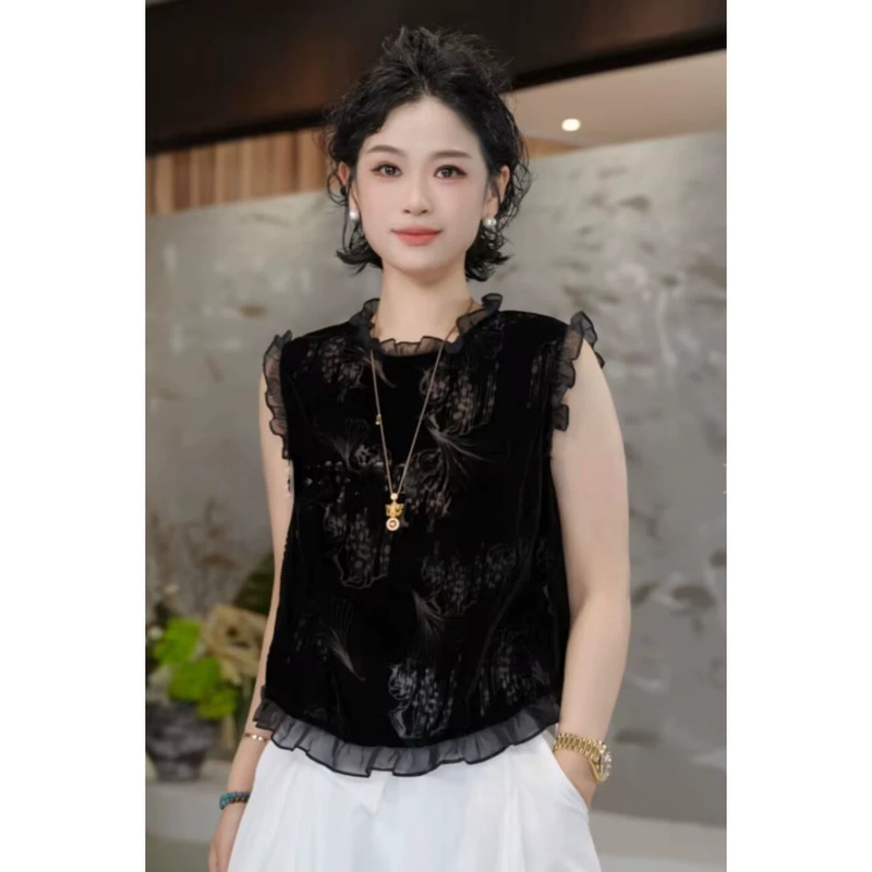 Korean-style velvet jacquard ruffled sleeveless shirt for women, 2026 summer new fashion versatile age-reducing tank top