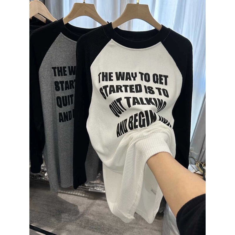 Outlet~ Clearance Bargain American Style Raglan Color-Block Fleece Long Sleeve T-Shirt for Women, Loose Casual Top for Autumn and Winter Outlet~ Clearance Bargain American Style Raglan Color-Block Fleece Long Sleeve T-Shirt for Women, Loose Casual Top for Autumn and Winter