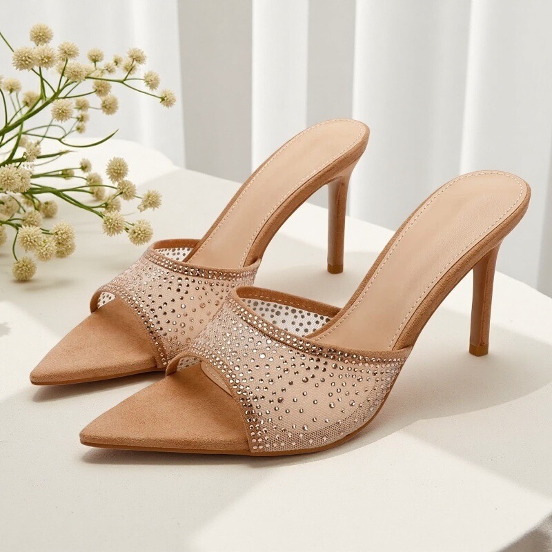 Rhinestone Pointed-Toe Stiletto High-Heeled Shoes, High-Heeled Slippers, Feminine and Fashionable Outdoor Sandals, European and American Summer New Style Half Slippers