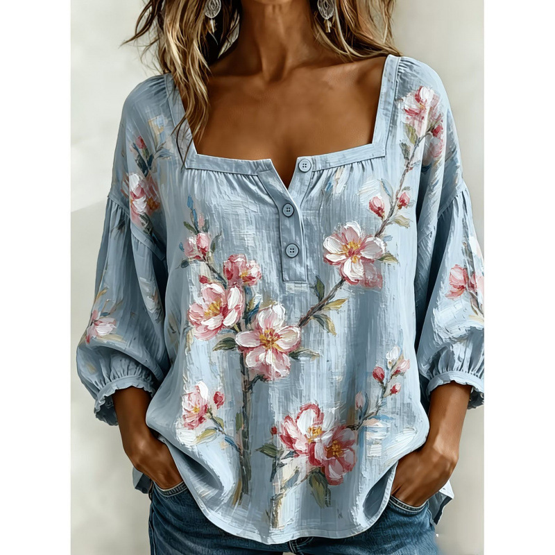 2026 Summer New Square Neck Floral Print Shirt Women's Three Quarter Sleeve Loose Casual Top European and American Summer Style 2026 Summer New Square Neck Floral Print Shirt Women's Three Quarter Sleeve Loose Casual Top European and American Summer Style