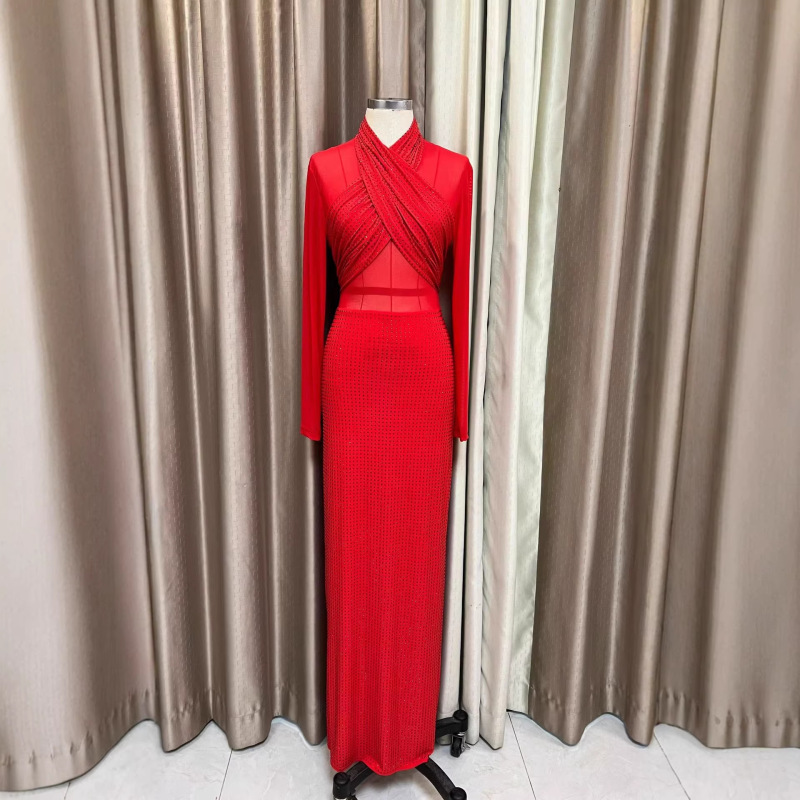 Two-Color Sexy Mini High-Waisted Long-Sleeve Dress with Rhinestones, Ruched Design, Sheer Overlay, and Unique Design for Cross-Border Sales