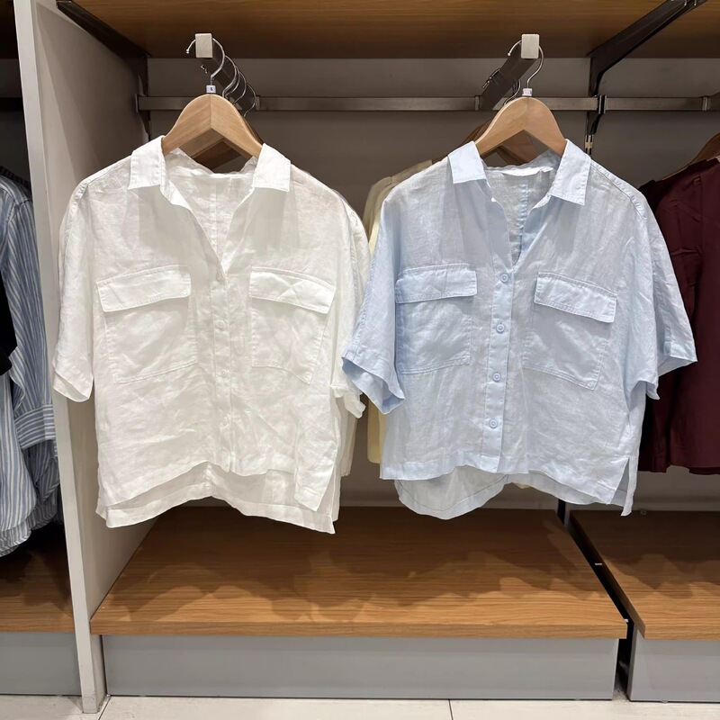 Women's French Linen Half-Open Collar Boxy Shirt Short-Sleeve Blouse 26 Spring/Summer New Style Comfortable Breathable Top 484256 Women's French Linen Half-Open Collar Boxy Shirt Short-Sleeve Blouse 26 Spring/Summer New Style Comfortable Breathable Top 484256