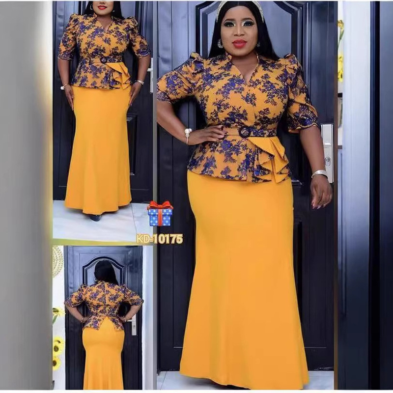 2025 Cross-Border New Women's Clothing African Plus Size Mother's Clothing Christmas Printed Fishtail Dress Three-Quarter Sleeve Floor-Length Skirt