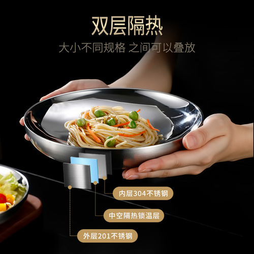 Carefully selected 304 stainless steel Japanese-style plates, high-looking, shatter-resistant dinner plates, home set, round plates, large capacity and practical