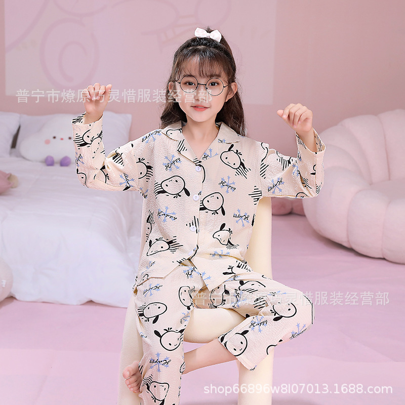 Pijama de niñas primavera y otoño dibujos animados tela espuma de tela delgada manga larga lindo ropa para niños de tamaño medio y grande ropa para el hogar