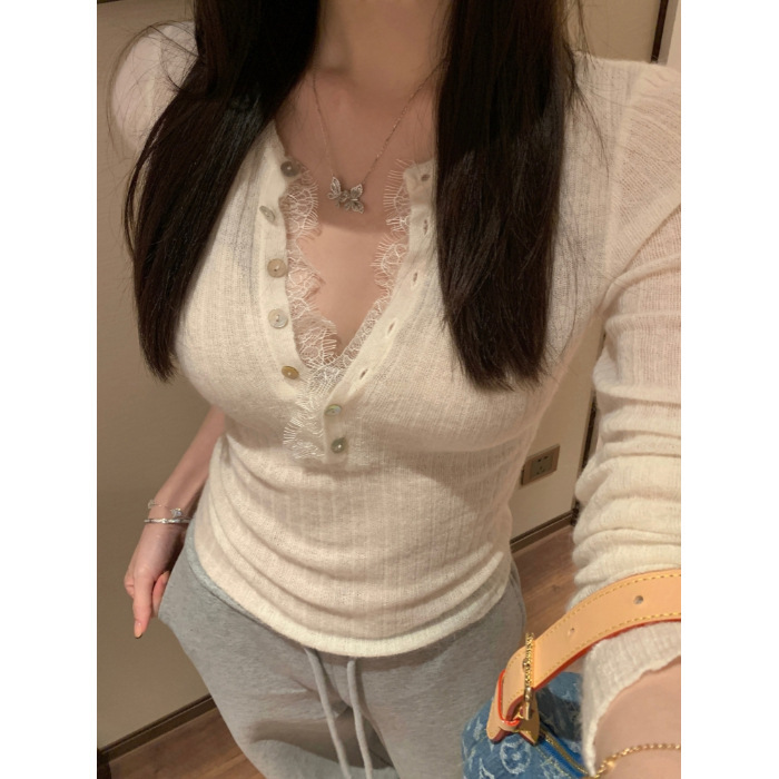 Wool Slightly See-Through Pit Strip Knitwear Eyelash Lace Buttoned Long-Sleeved T-Shirt Pure Lust Top for Women