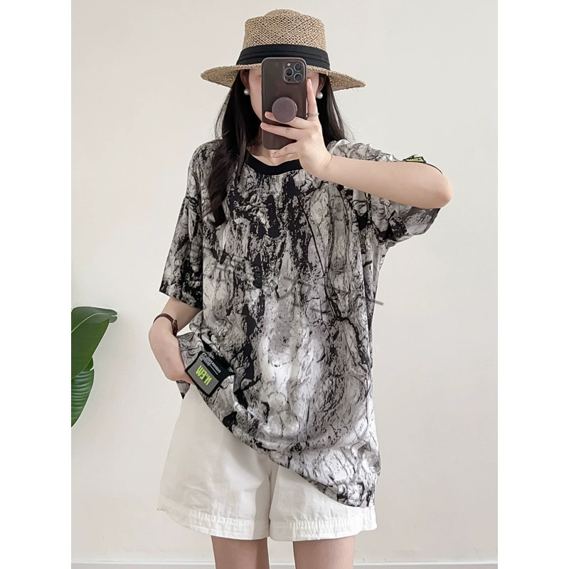 2025年夏季薄款宽松大码显瘦青年棉绸上衣女圆领短袖人造棉T恤衫