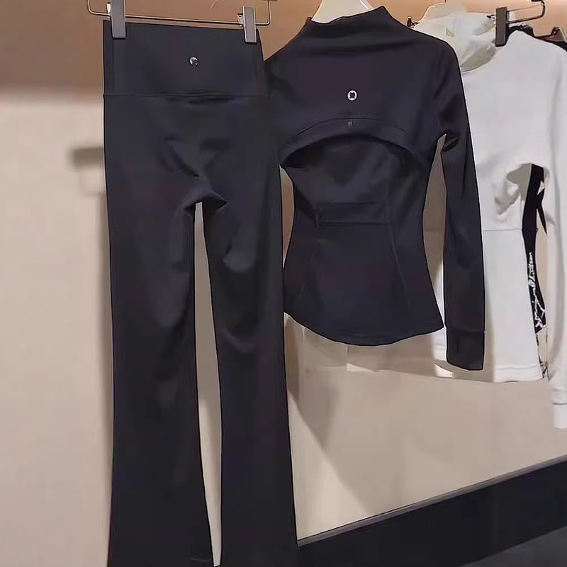 Black Fashionable Sports Suit for Women, Spring Running Yoga Outfit, Long-Sleeve Slim-Fit Top and Long Pants Two-Piece Set