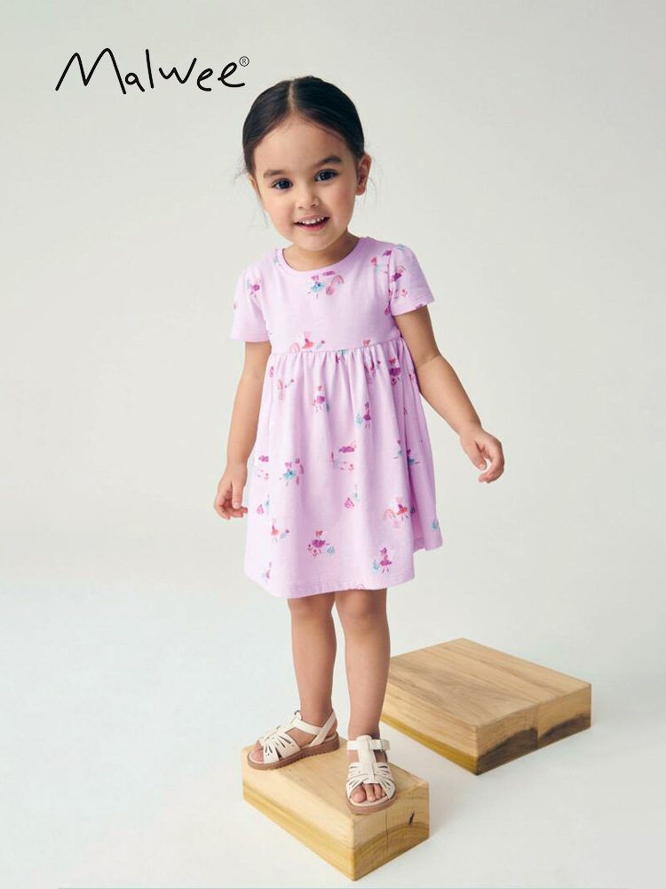 Falda de niña malwee verano nuevo estilo europeo y americano niños pequeños y medianos cuello redondo manga corta estilo occidental vestido de princesa casual