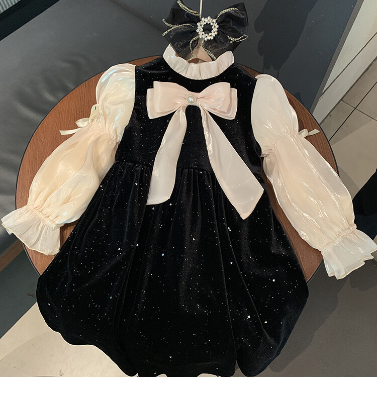 Girls' Spring and Autumn Long sleeved High end 2023 Western style Hepburn Small Fragrance Bow Bubble Sleeve Dress_voghion.com