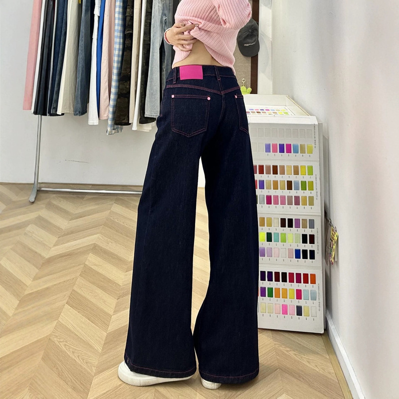 Dark blue low-waist straight wide-leg jeans for women, 2026 new slim-fit floor-length loose denim wide-leg pants for women Dark blue low-waist straight wide-leg jeans for women, 2026 new slim-fit floor-length loose denim wide-leg pants for women