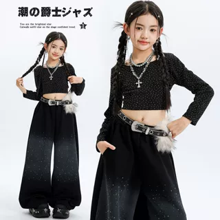 女童爵士舞长袖露脐亮钻上衣流行长裤套装jazz时髦春季演出表演服