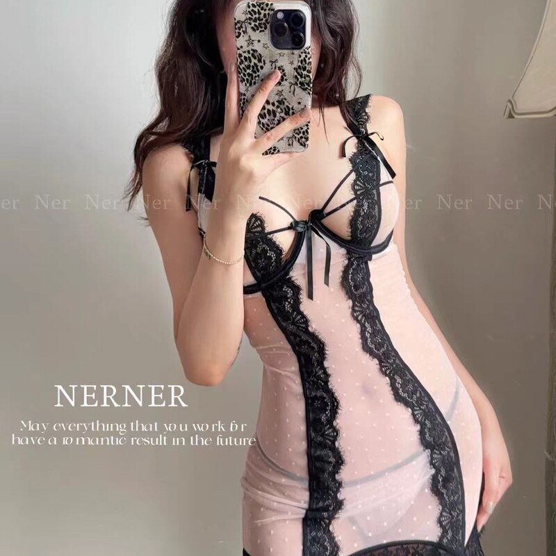 Dormila Sexy Lingerie New Sexy Suspender Nightgown Lace Cut Out Pajamas Side See-Through Temptation Midnight