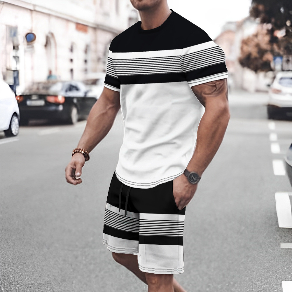 跨境亚马逊男装夏季新款街头黑白色条纹短袖短裤套装支持一件代发