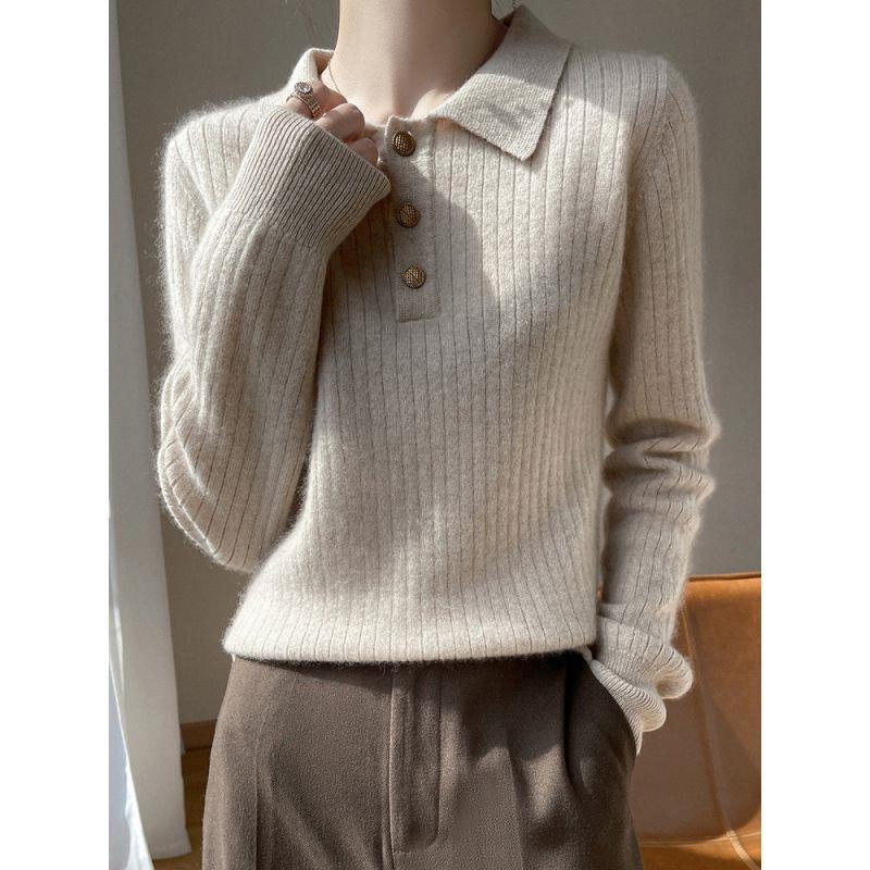 【 Cashmere Family】 Maglione corto in lana con collo polo, stile femminile, con strato interno lavorato a maglia, autunno/inverno_voghion.com
