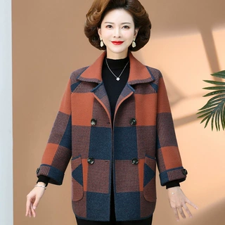 2025春秋冬中老年妈妈装上衣女时尚洋气格子外套新款针织开衫外套
