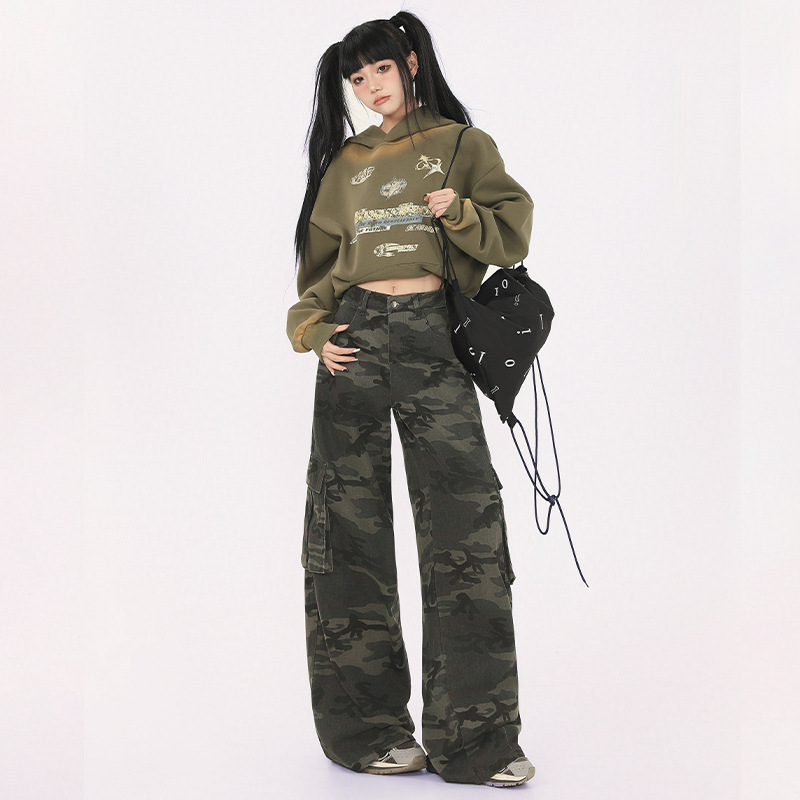 美式高街迷彩工裝褲女小個子春秋新款高腰寬鬆闊腿hiphop休閒褲子