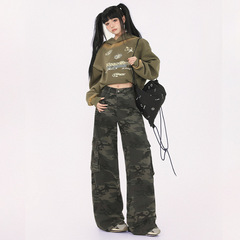 美式高街迷彩工裝褲女小個子春秋新款高腰寬鬆闊腿hiphop休閒褲子