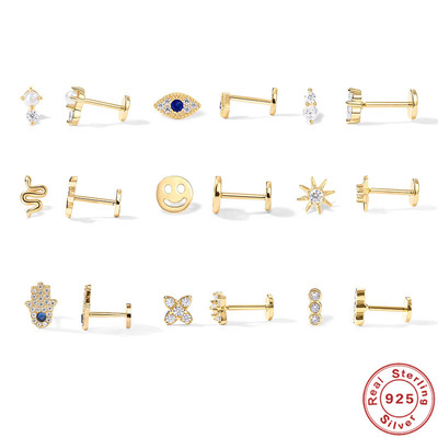 S925 Sterling Silver Devil The eye Diamond Smiling face Flat head Internal thread puncture cartilage Ear Studs Bone nail