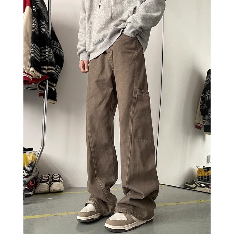Men's Trendy Coffee-Colored Retro Jeans, Loose Straight High Street American Style Multi-Pocket Cargo Casual Long Pants