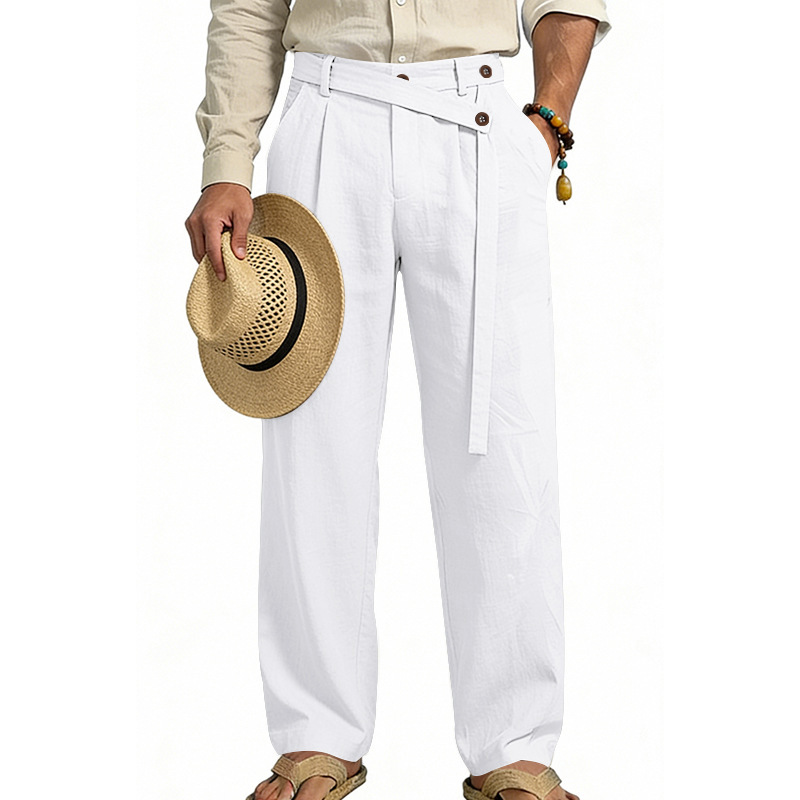 Men's Solid Color Linen Pants Simple Loose Fit High End Straight Leg Casual Midweight Polyester Long Trousers_viptrois.com