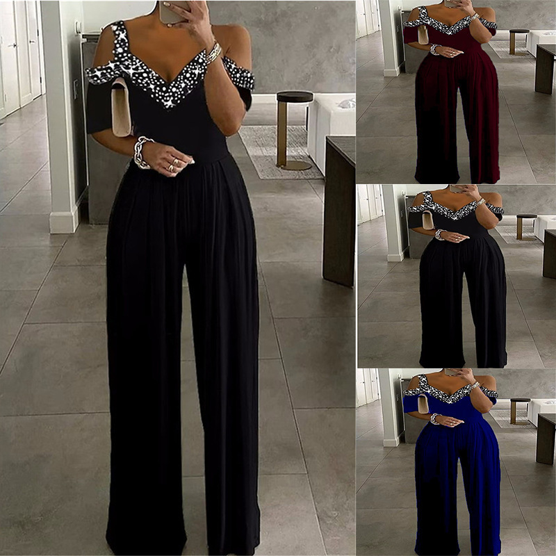 European and American Cross-Border 2023 Spring and Summer New Women's Clothing Wish Wide-Leg Jumpsuit Waist-Cinching One-Piece Dress Printed Dress