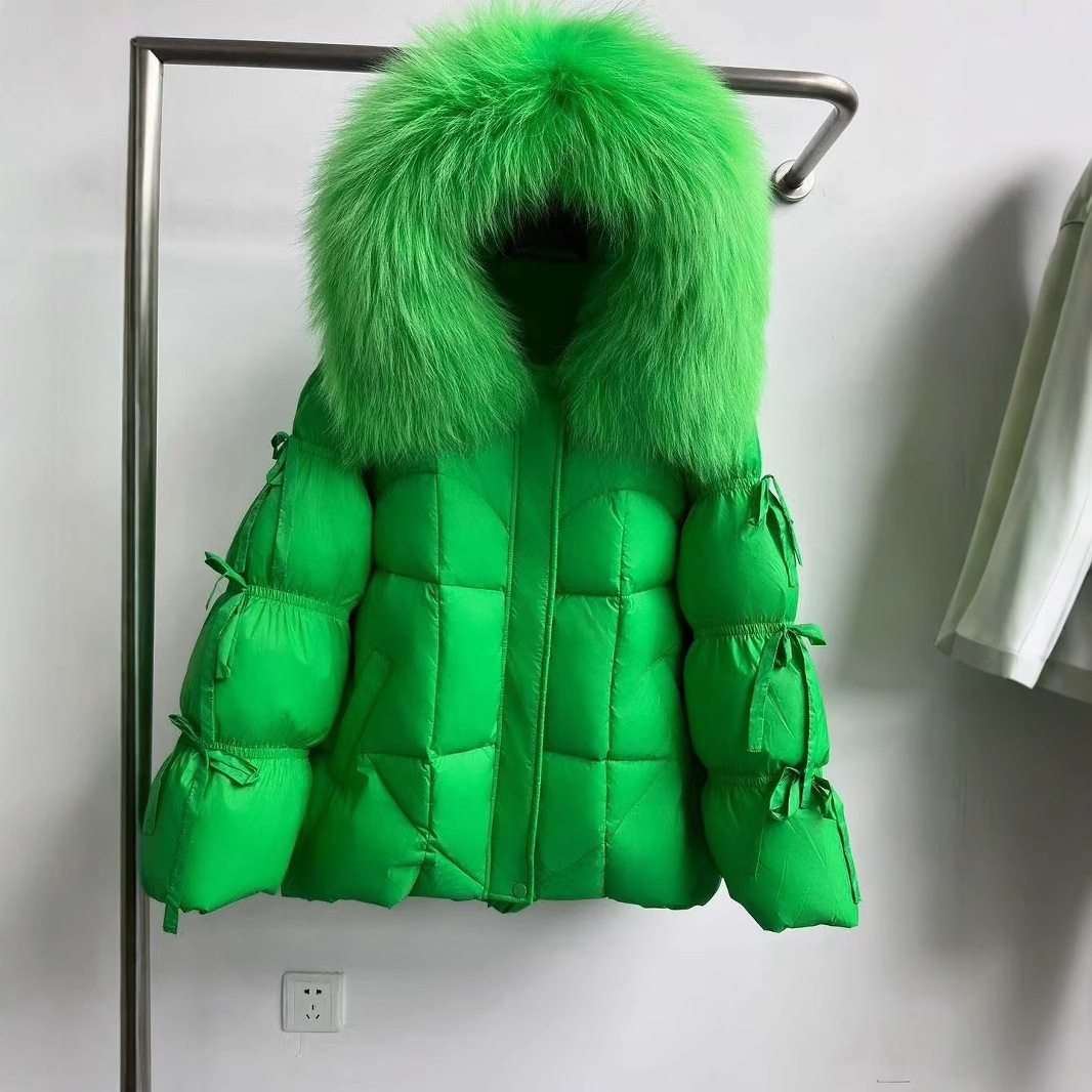 Vêtements pour femmes Hiver Nouveau haut de gamme fourrure grand col à capuche doudoune femme sangle papillon manteau chaud épaissi_voghion.com