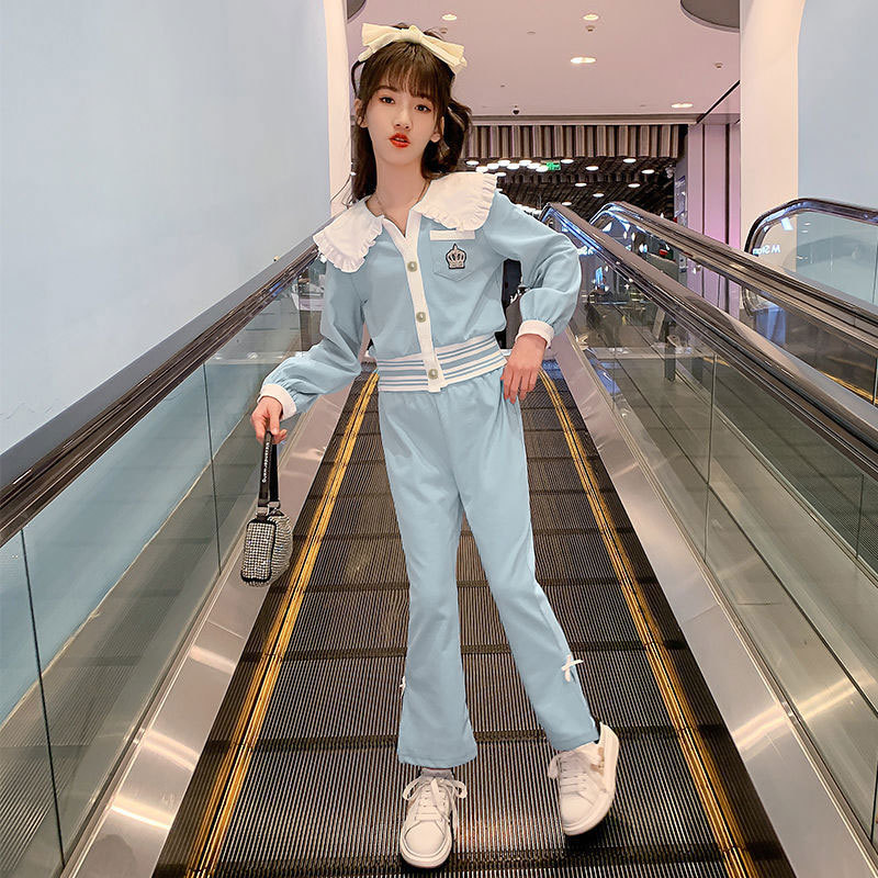 여자 봄 정장 2024 새로운 스타일 어린이 대학 스타일 카디건 플레어 바지 어린 소녀 캐주얼 투피스 세트