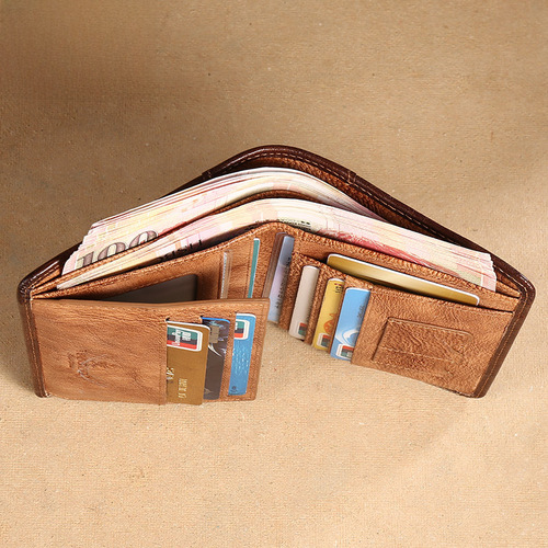 Cross-border agency Manbang men's wallet short style top grain leather brushed color classic three-fold RIFD anti-theft card 