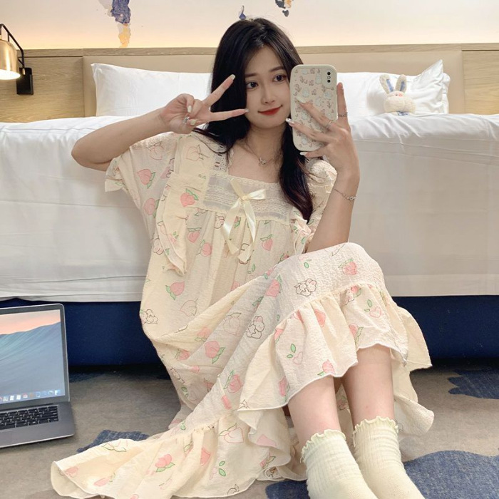 Pijama de mujer de verano tejido espuma tejida tela arrugada pijama de mangas cortas princesa vestido de viento suelto vestido de casa de verano