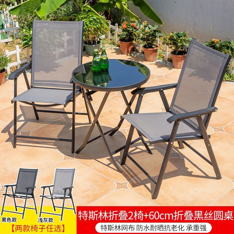 Tesla plegable 2 sillas + mesa redonda de seda negra plegable de 60 cm