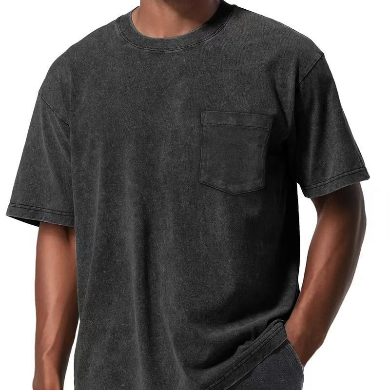 230g口袋带兜纯棉水洗做旧t恤 跨境复古oversize宽松落肩潮牌短袖