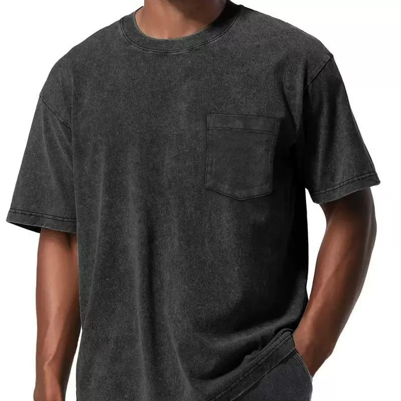 230g口袋带兜纯棉水洗做旧t恤 跨境复古oversize宽松落肩潮牌短袖