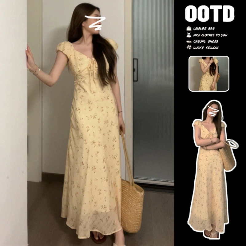 Желтое цветочное платье для женщин, лето 2025, новый стиль этого года, популярное, красивое, с завышенной талией, красивая длинная юбка