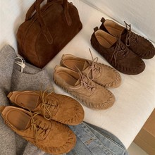 牛皮版~新款复古绒面圆头系带平底单鞋女英伦乐福鞋绑带休闲牛津