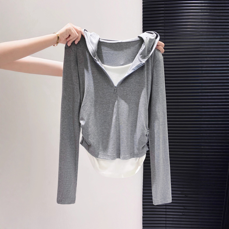 Designed Fake Two-Piece Hooded Long-Sleeved T-Shirt for Women 2025 Autum New Waist Slimming Look Top Trendy 1 Designed Fake Two-Piece Hooded Long-Sleeved T-Shirt for Women 2025 Autum New Waist Slimming Look Top Trendy 1