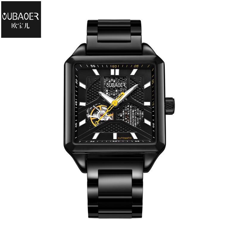 Oubaoer reloj mecánico automático reloj de hombre de moda hueco impermeable banda de acero reloj cuadrado 2003A