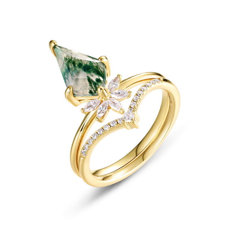 Anillo de piedra de musgo verde natural apilado de corona transfronteriza S925 anillo de combinación de ágata de agua de plata estilo de lujo ligero