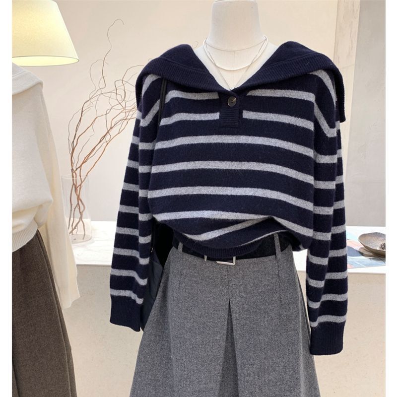 Plus-size youthful navy large-collar striped knit sweater, casual style top for women, loose and slimming versatile striped sweater