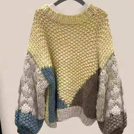 小众设计感针织套头毛衣女2023秋季新款宽松慵懒风拼色粗毛线上衣