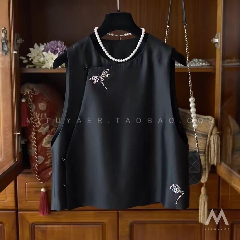 New Chinese-Style Black High-End Rhinestone-Embellished Vest, Light National Style Women's Clothing, 2026 Spring New High-End Top