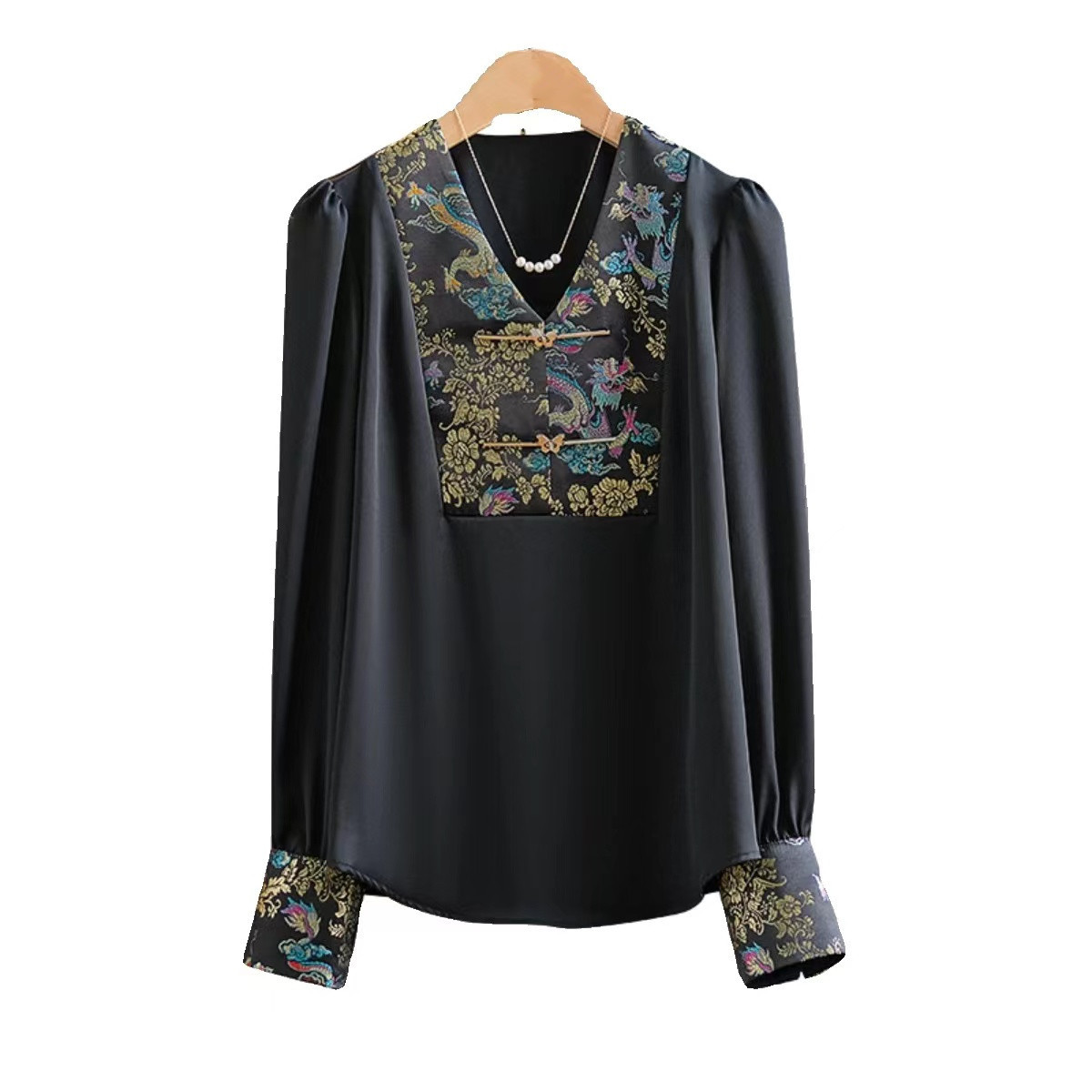 Elegant damblusa med v-ringning i acetat jacquard-tyg_voghion.com