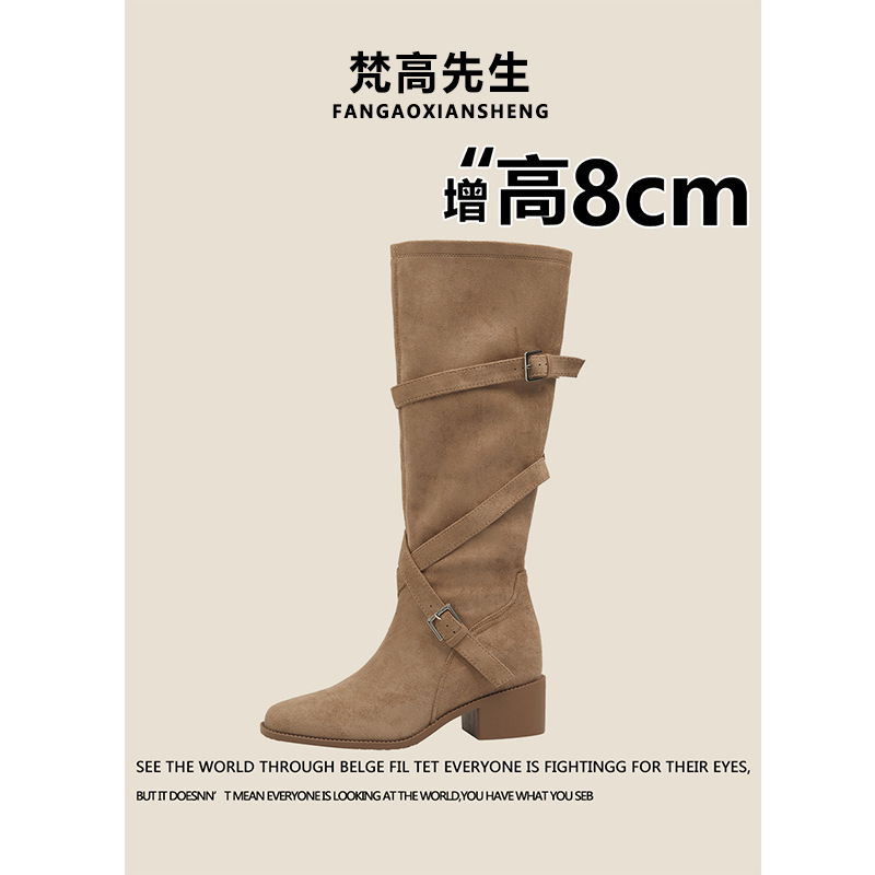 In-stock version~8cm inner height-increasing, long-legged, pointed-toe, cross-strap high-heeled riding boots for petite women, mid-calf length boots In-stock version~8cm inner height-increasing, long-legged, pointed-toe, cross-strap high-heeled riding boots for petite women, mid-calf length boots