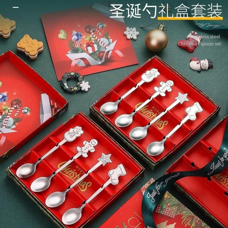 Inswind cuchara de acero inoxidable agitación de cabeza redonda creativa de Navidad café caja de regalo de Navidad set de postre cubierta sin