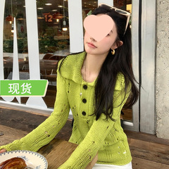 欧阳不规则镂空针织衫女秋季新款复古修身慵懒风破洞翻领上衣